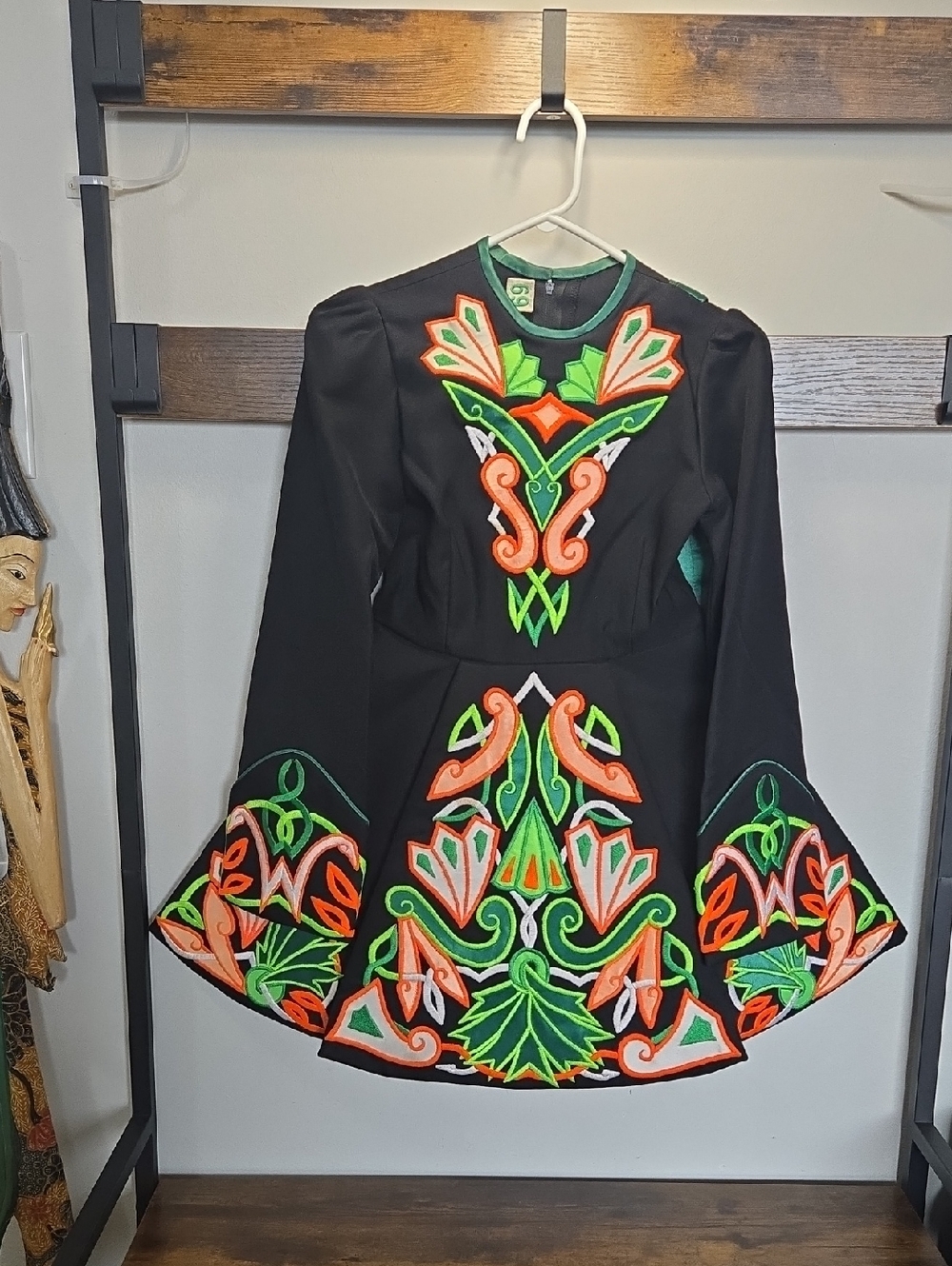 Black Irish Dance Dress Neon Green Coral Embroidery Vtg Auth Recital COMPS 5/5